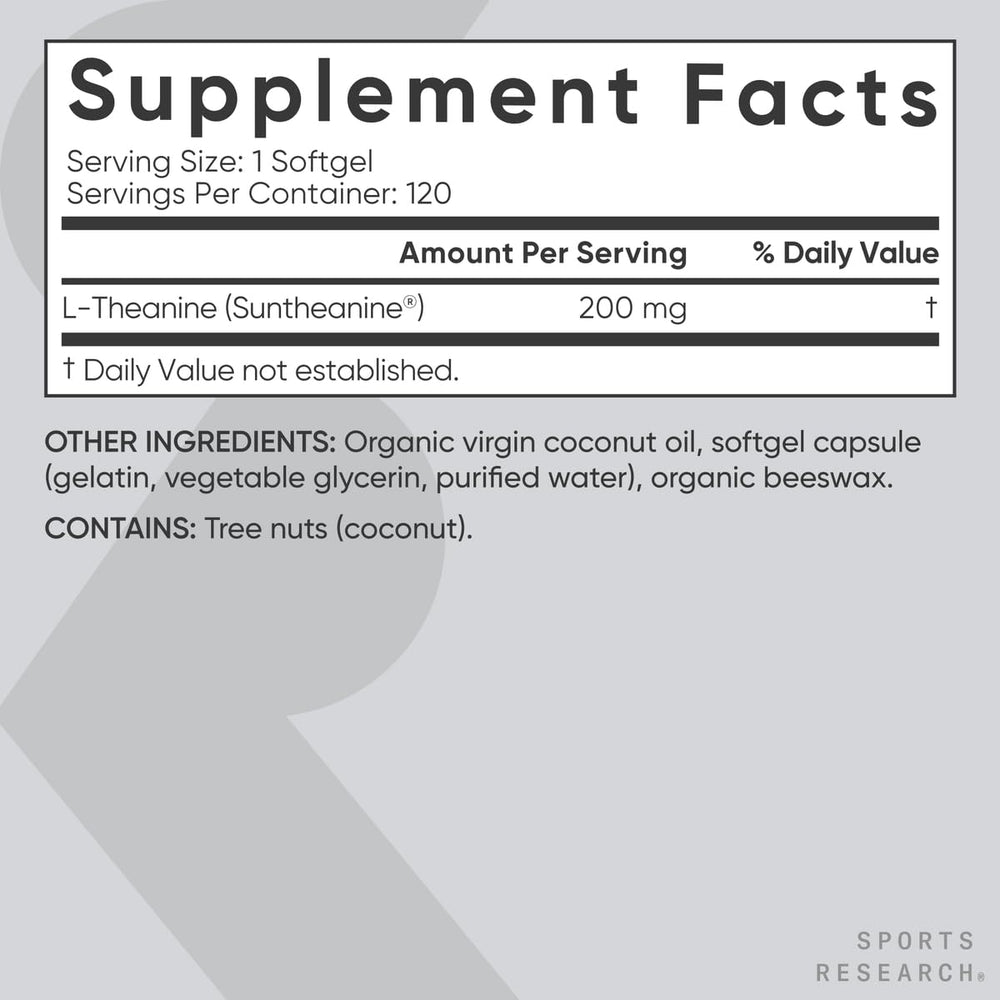 Sports Research ingredient panel emphasizing Suntheanine and clean formula