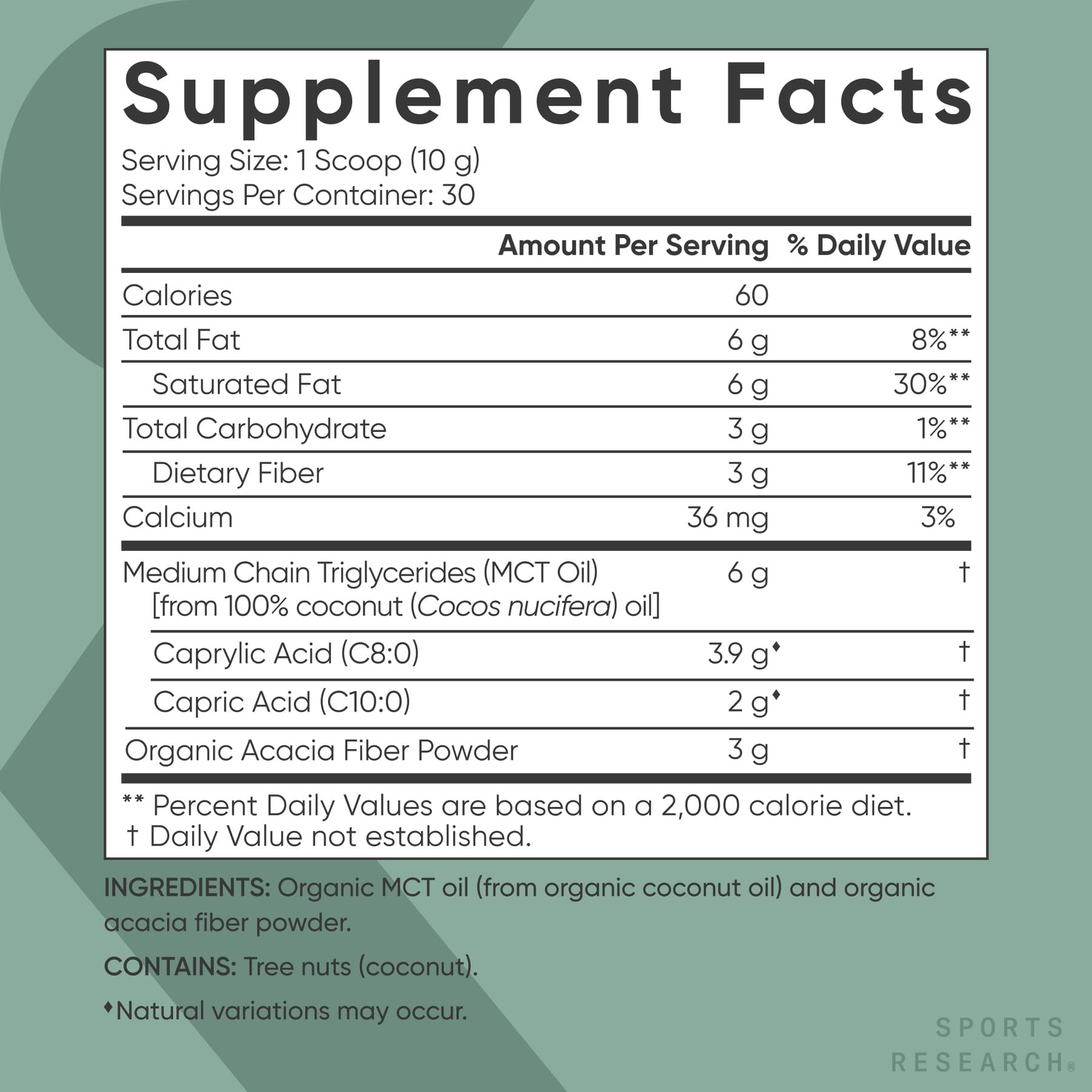 Sports Research label close-up highlighting organic, non-GMO, vegan certifications