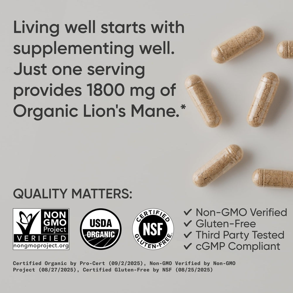 Sports Research label close-up showing ingredient list and organic Lion's Mane extract details
