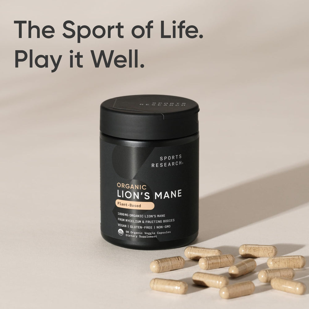 Sports Research bottle on a desk beside notebook showing lifestyle use for focus and routine