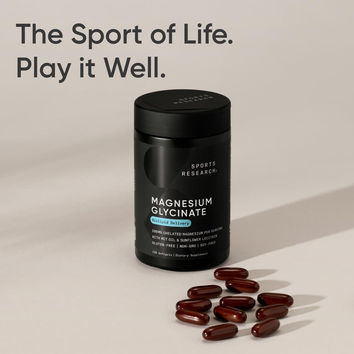 Sports Research softgels on a bedside table illustrating evening routine support