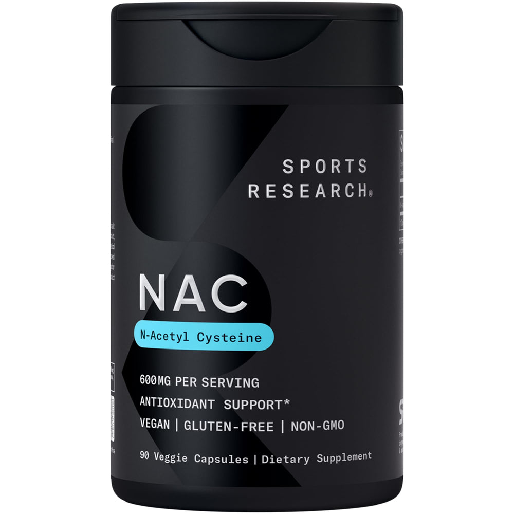 Sports Research bottle front view showing label and 90 veggie caps benefit clear info
