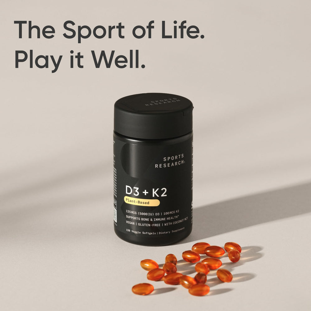 Sports Research supplement on a kitchen counter suggesting daily routine