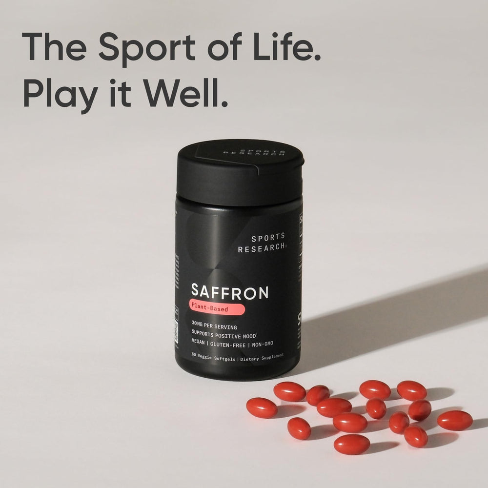 Sports Research saffron stigmas beside capsule showing natural ingredient sourcing benefit