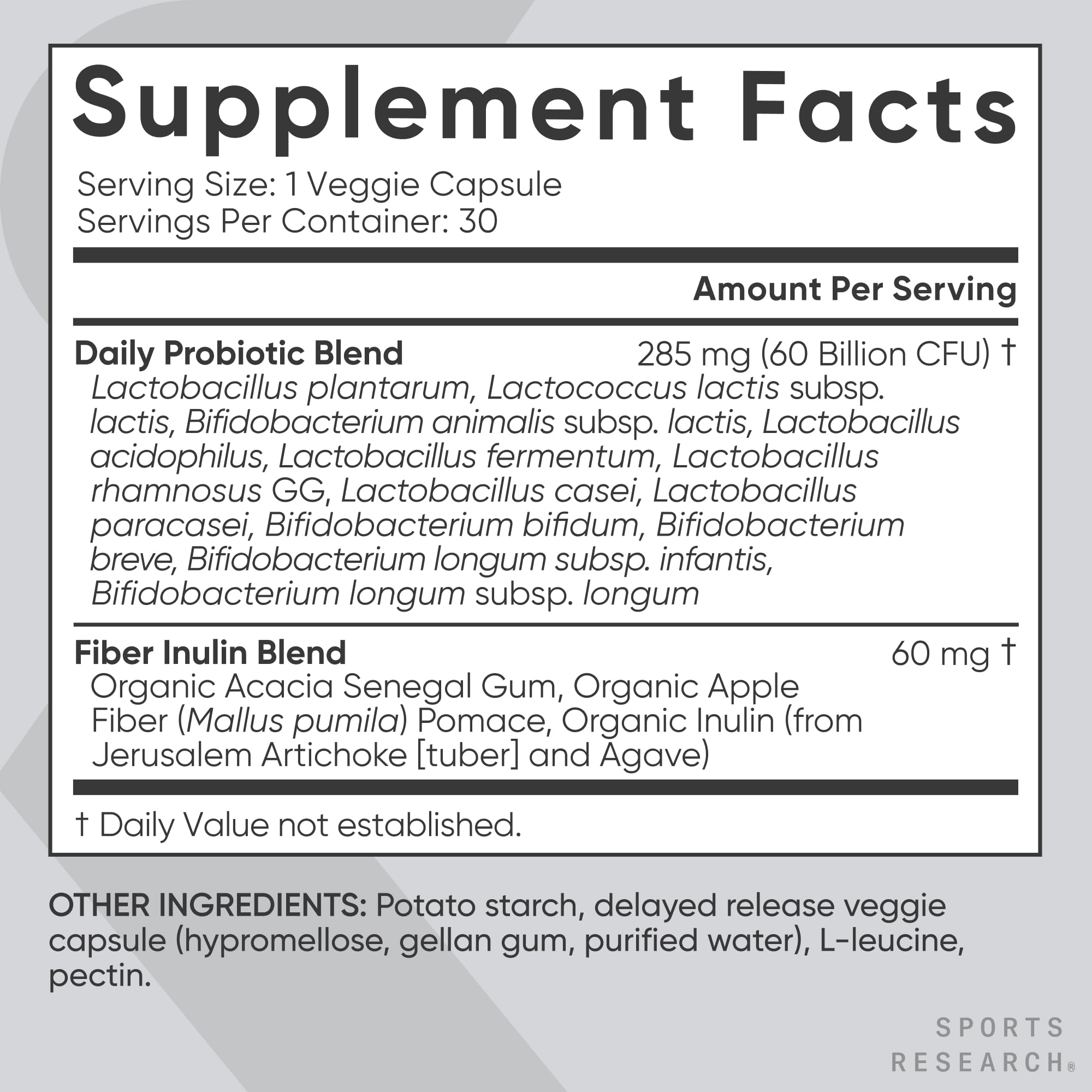 Sports Research supplement facts label highlighting 60 billion CFU per capsule