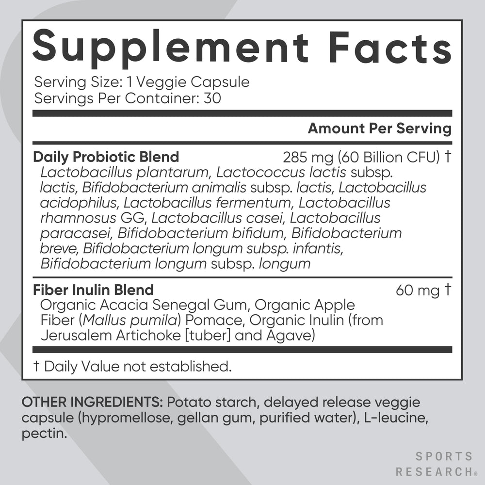 Sports Research supplement facts label highlighting 60 billion CFU per capsule