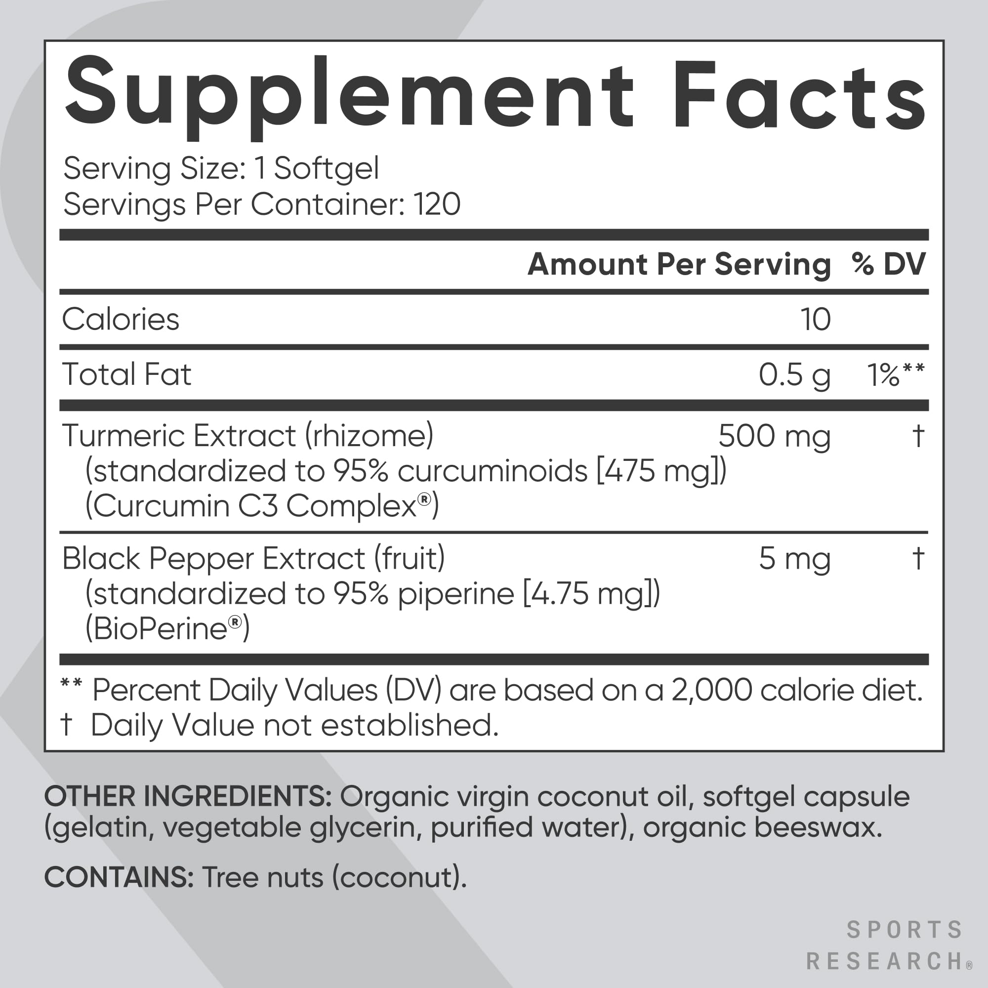 Sports Research open bottle displaying 120 softgels for clear quantity and convenience benefit