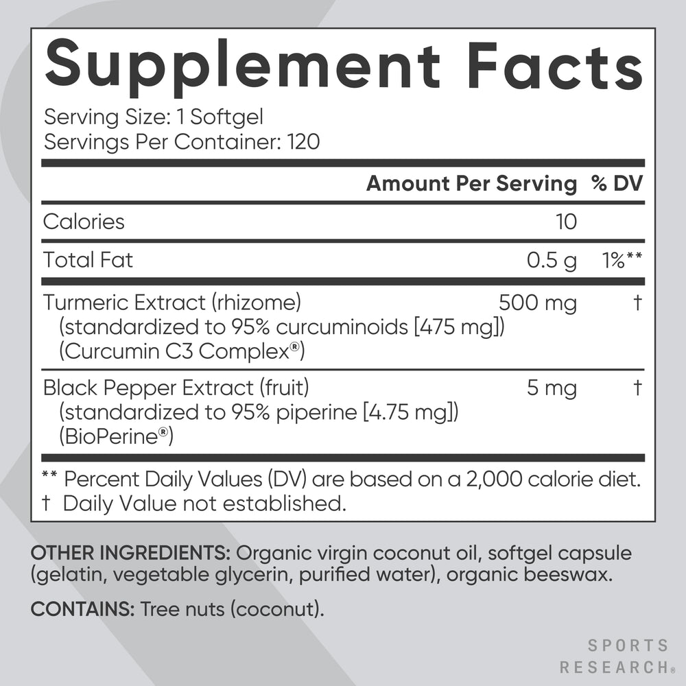 Sports Research open bottle displaying 120 softgels for clear quantity and convenience benefit