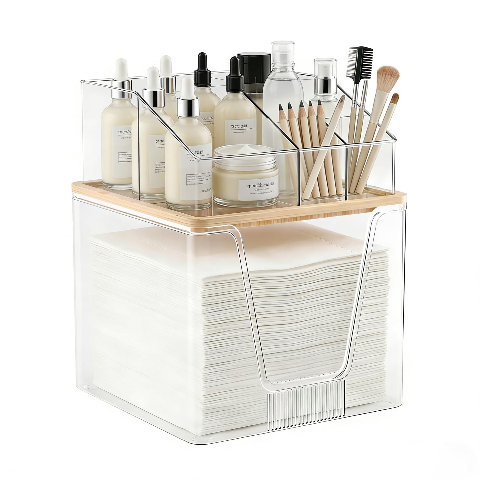 spospo front view clear acrylic organizer showcasing tidy towels and cosmetics for convenience