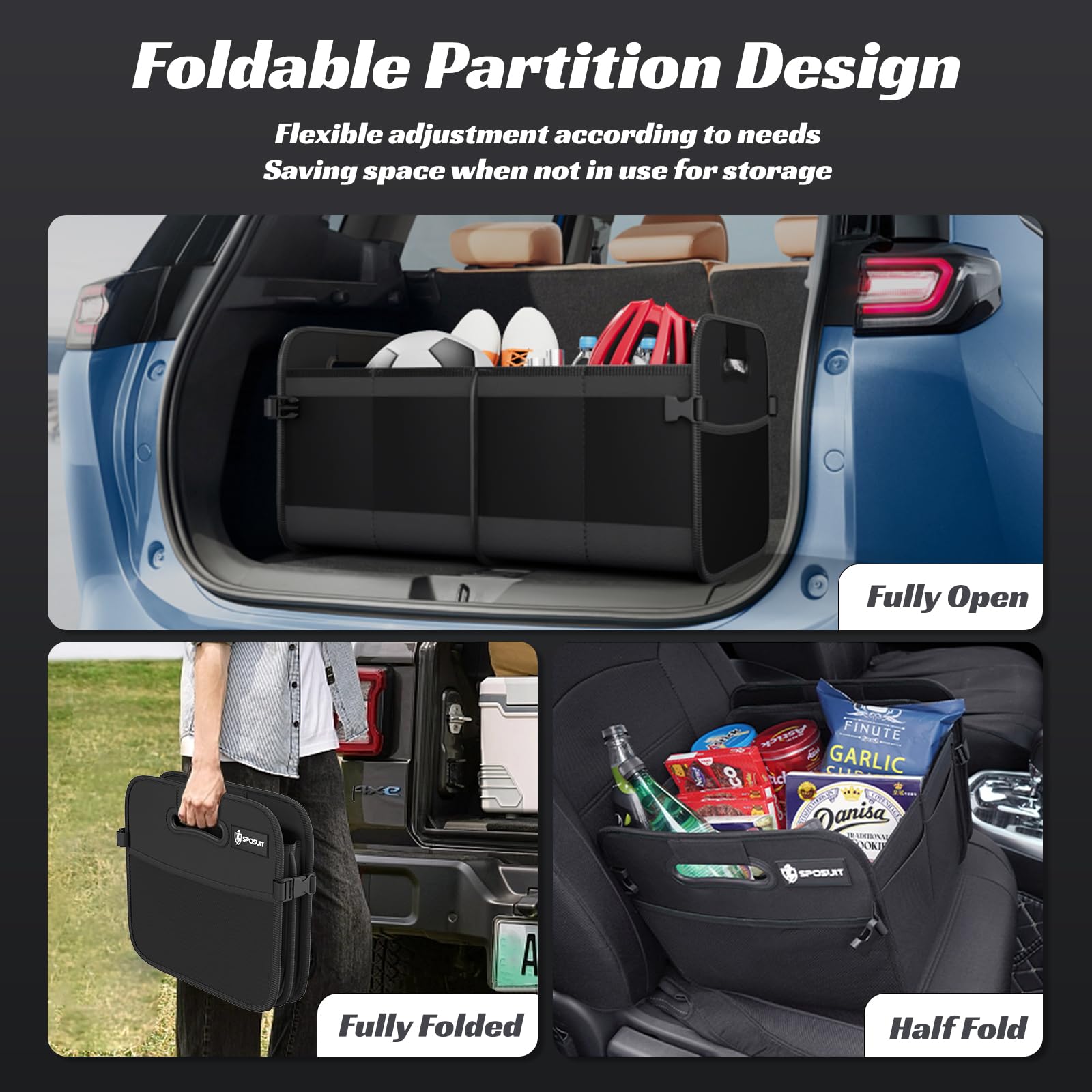 Sposuit installed in car trunk preventing groceries from shifting benefit