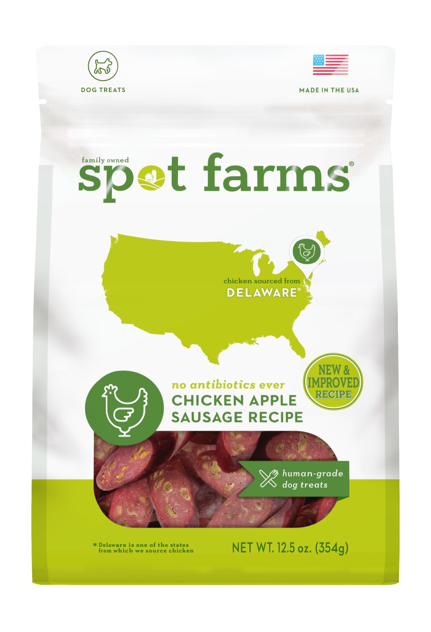 Spot Farms front packaging showing chicken apple sausage treats and clear branding benefit