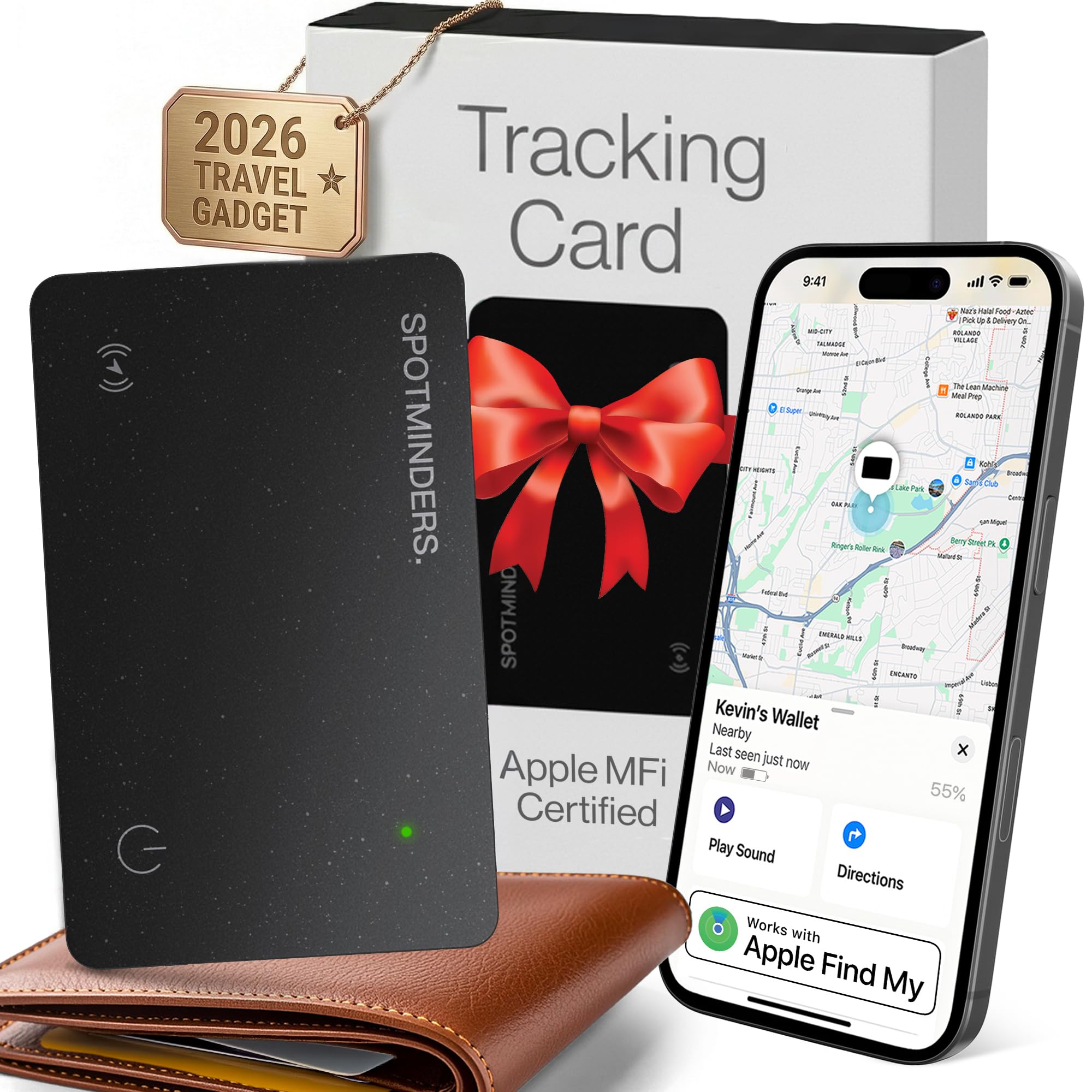 Spotminders front view showing sleek card design and easy wallet fit benefit