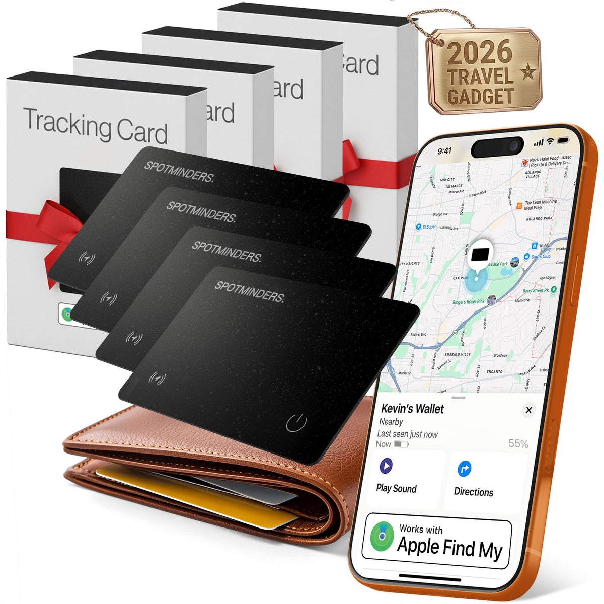Spotminders front packaging showing four black tracker cards and benefits