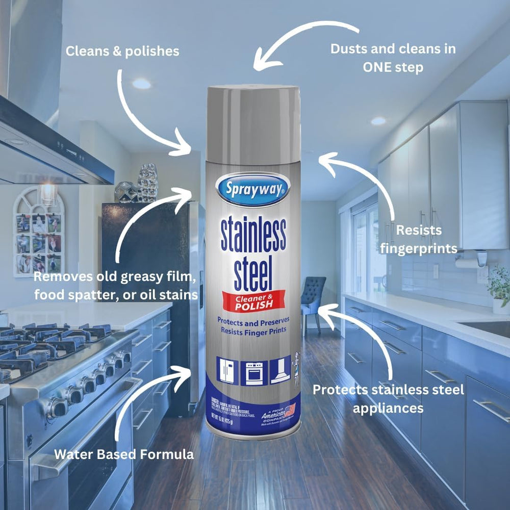 Sprayway before and after on refrigerator doors, shows visible polish and reduced fingerprints