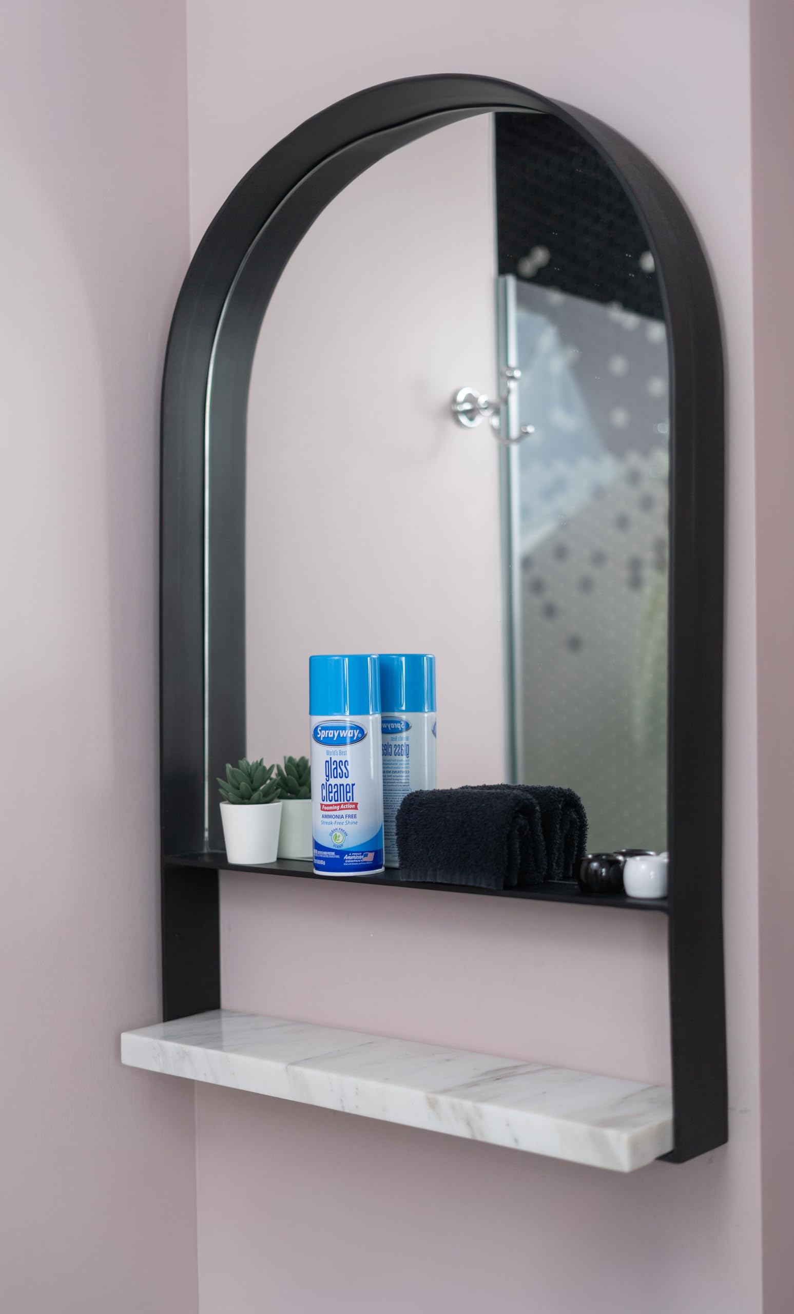 Sprayway cleaned bathroom glass showcasing fresh scent and shine