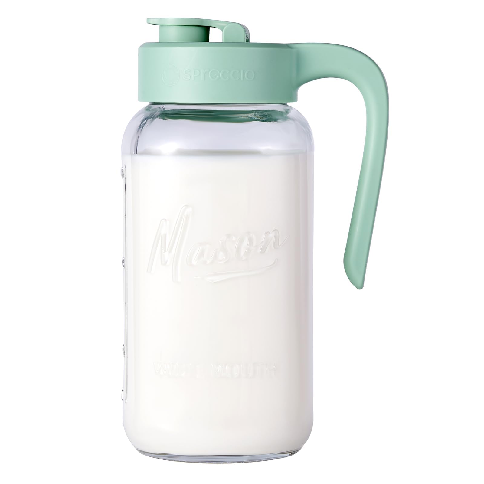 Spreccio pitcher front view showing glass body and secure lid, clean serving benefit