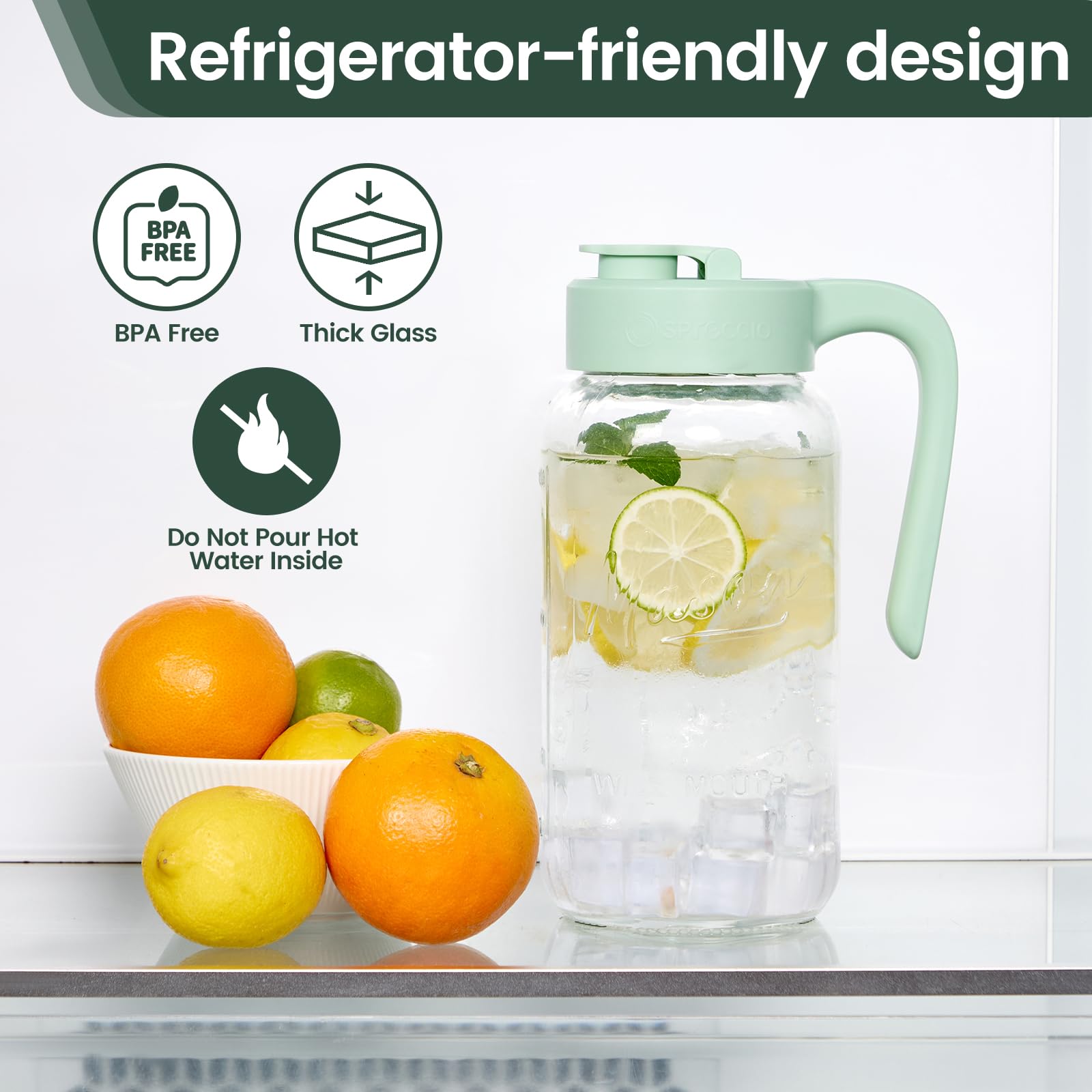 Spreccio pitcher next to drinking glasses showing 64 oz scale for serving capacity