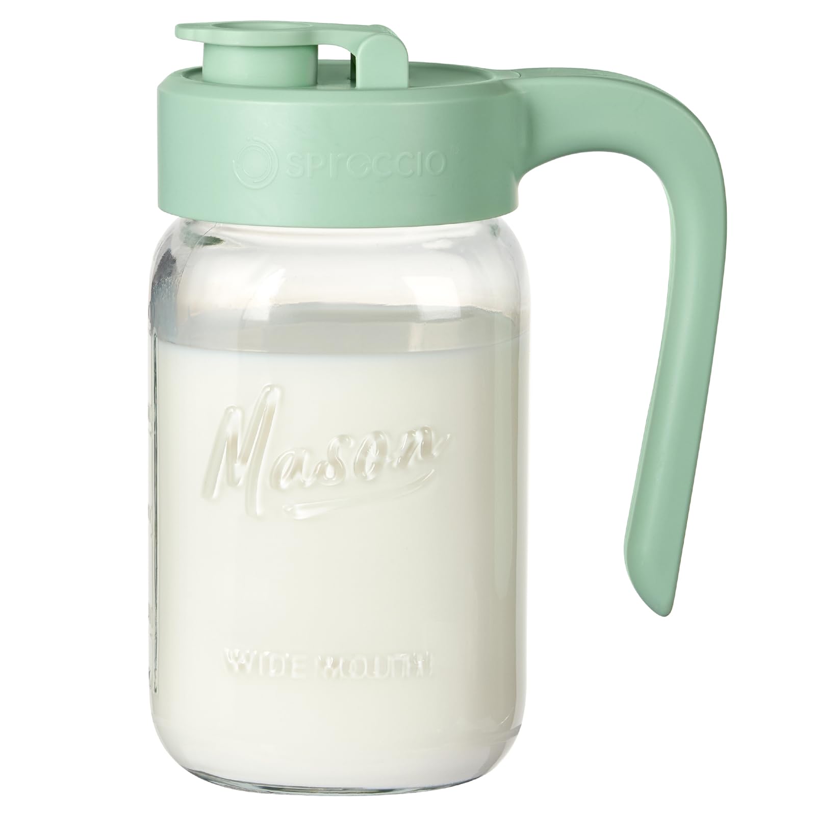Spreccio pitcher front view showing 32 oz capacity and handle for easy pouring