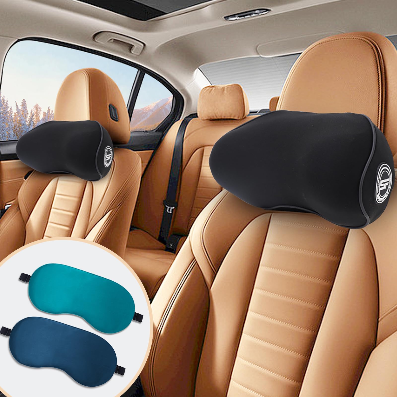 SPRFUFLY front view of two car headrest pillows showing fit and shape for comfort