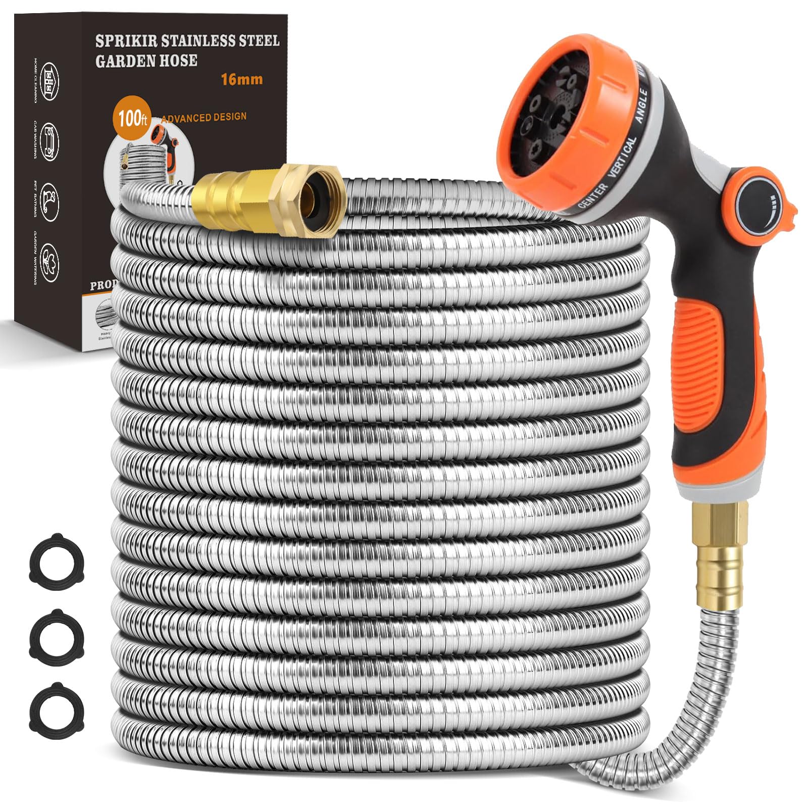 SPRIKIR front view of metal hose showing full length and nozzle benefit durable watering