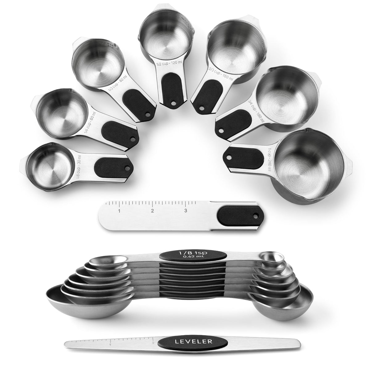Spring Chef front view of 15-piece measuring set showing compact storage and neat layout