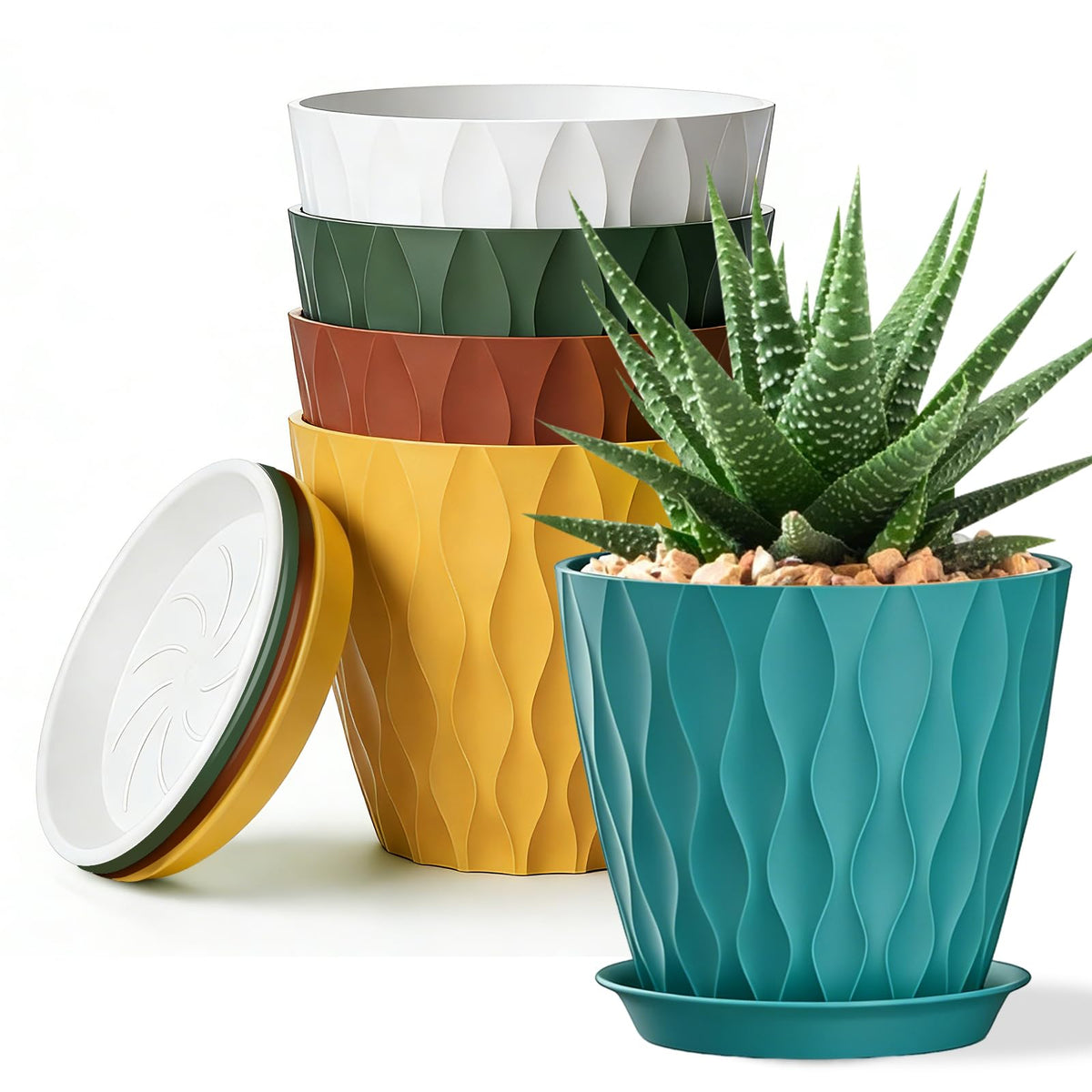SQKH front view of five colorful 8-inch planters, stylish and sturdy