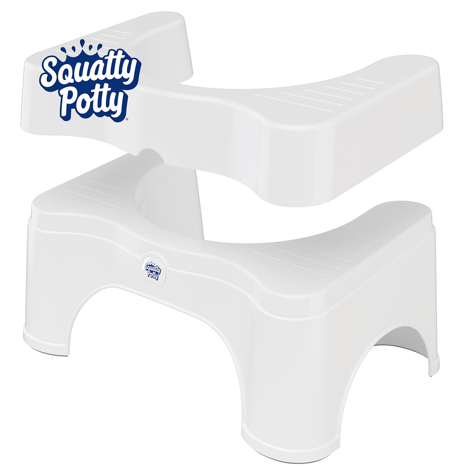 Squatty Potty front view showing adjustable two-piece design and neutral white finish for flexible use