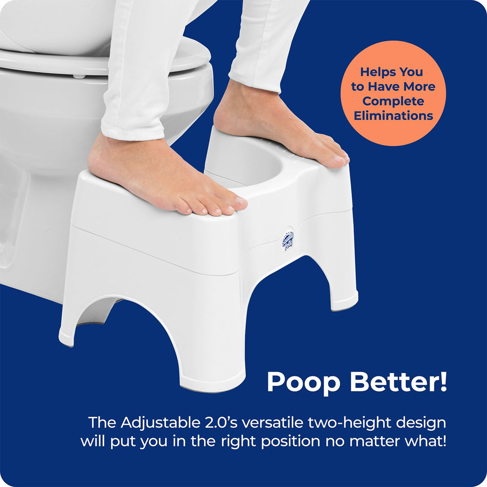 Squatty Potty side profile tucked under toilet bowl showing compact storage benefit