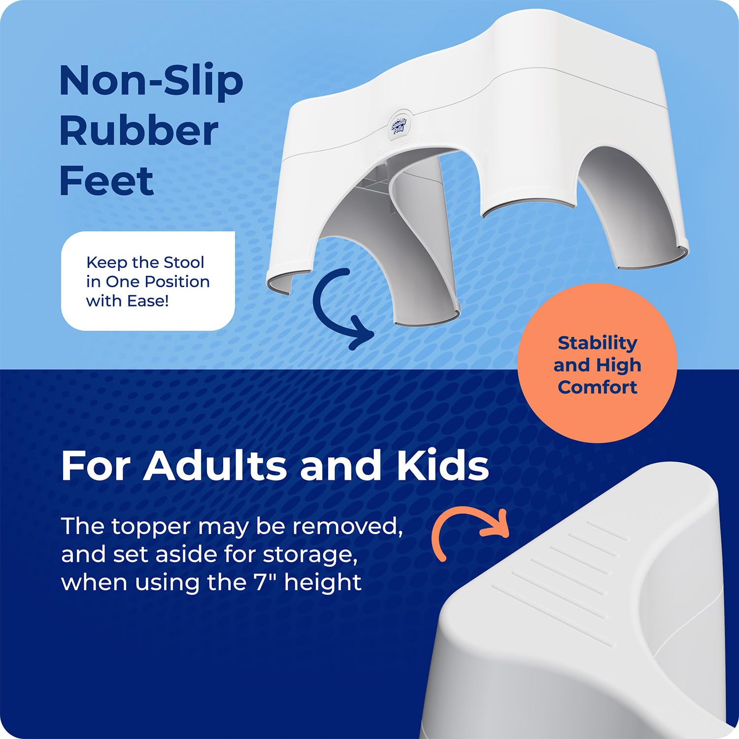 Squatty Potty beside child and adult feet illustrating height options for the whole family