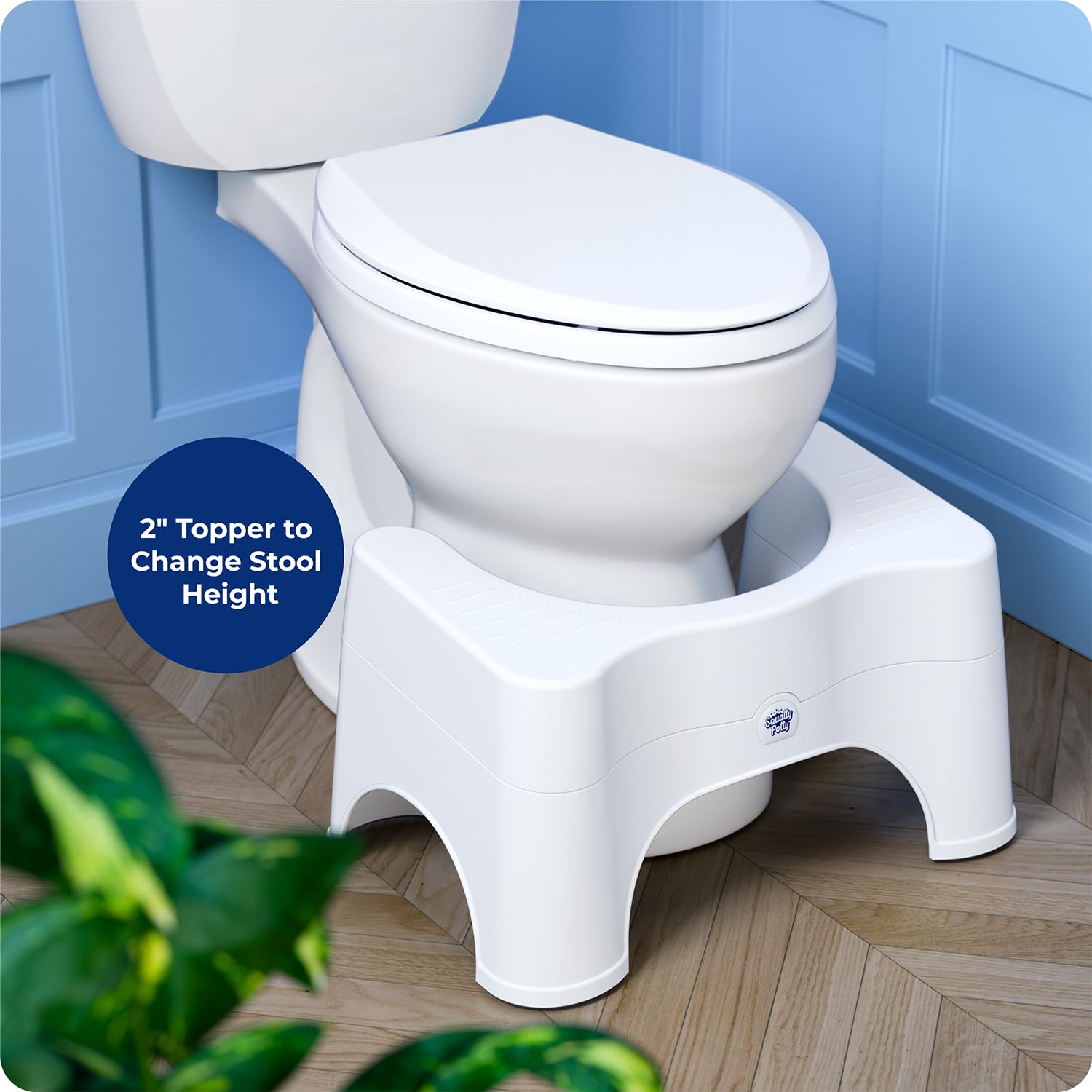 Squatty Potty without topper in use demonstrating lower 7-inch stance preferred by many adults
