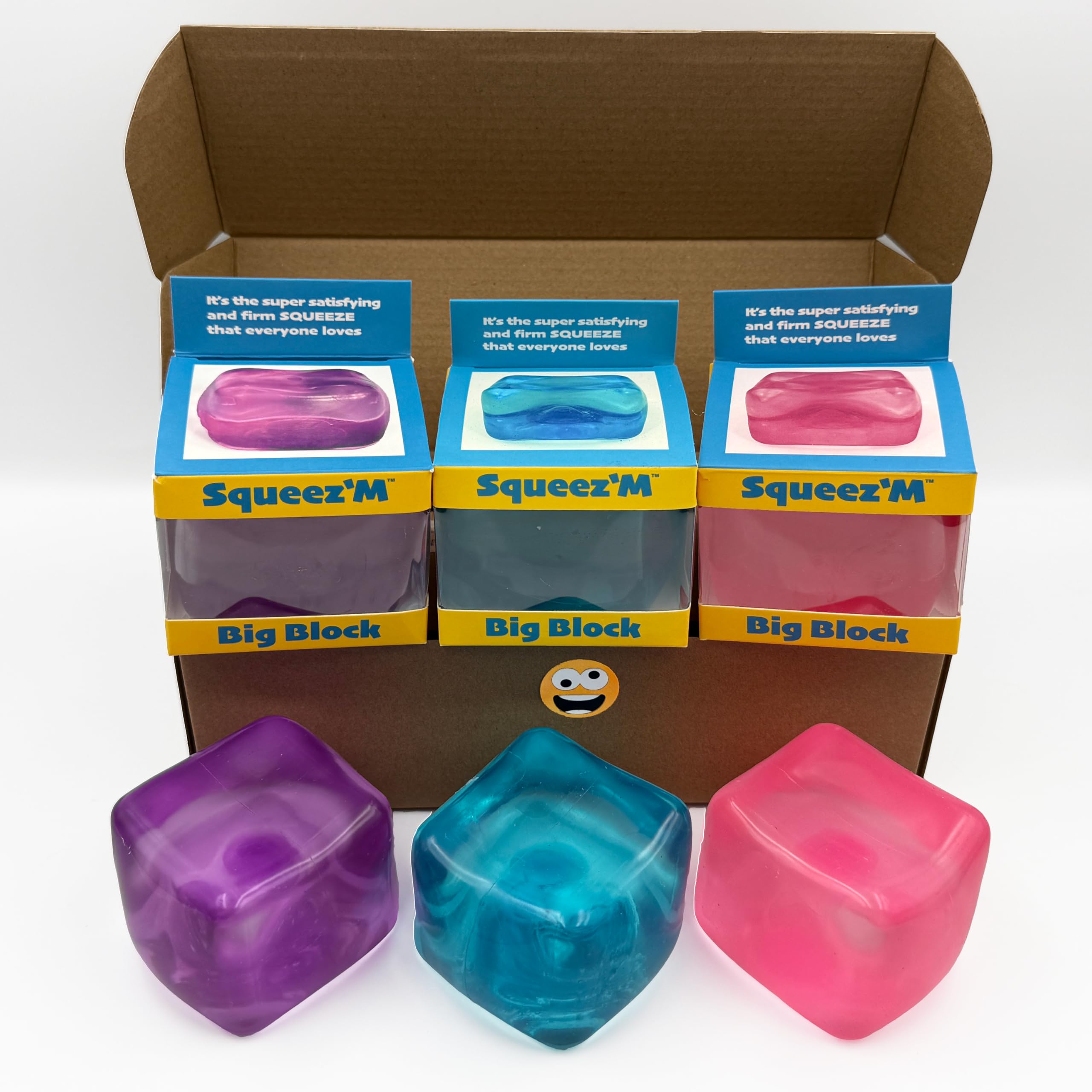 Squeez'M front packaging showing three Big Block cubes and branding, durable visible benefit