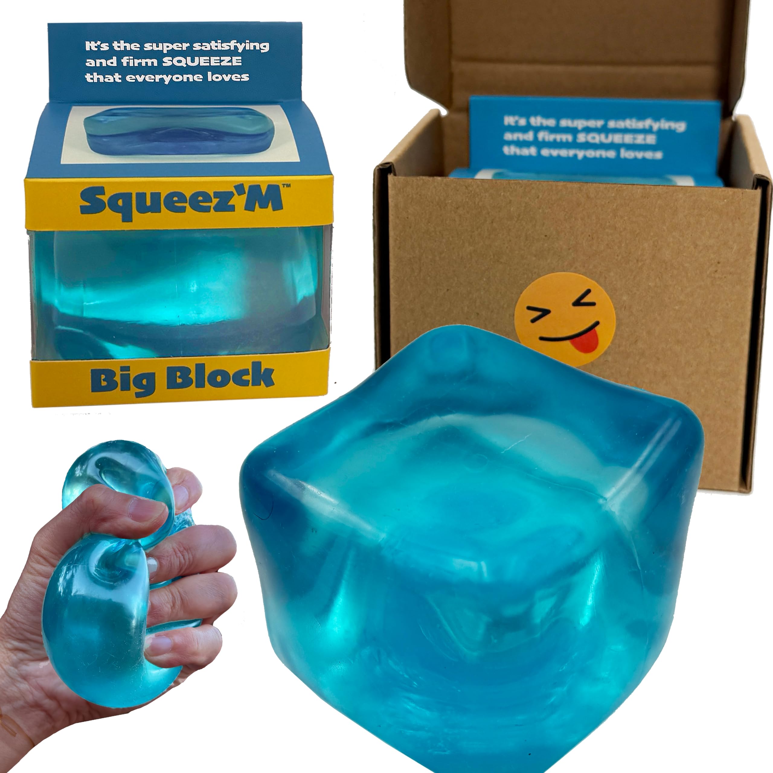 Squeez'M front view of Big Block cube showing packaging and product benefit durable design