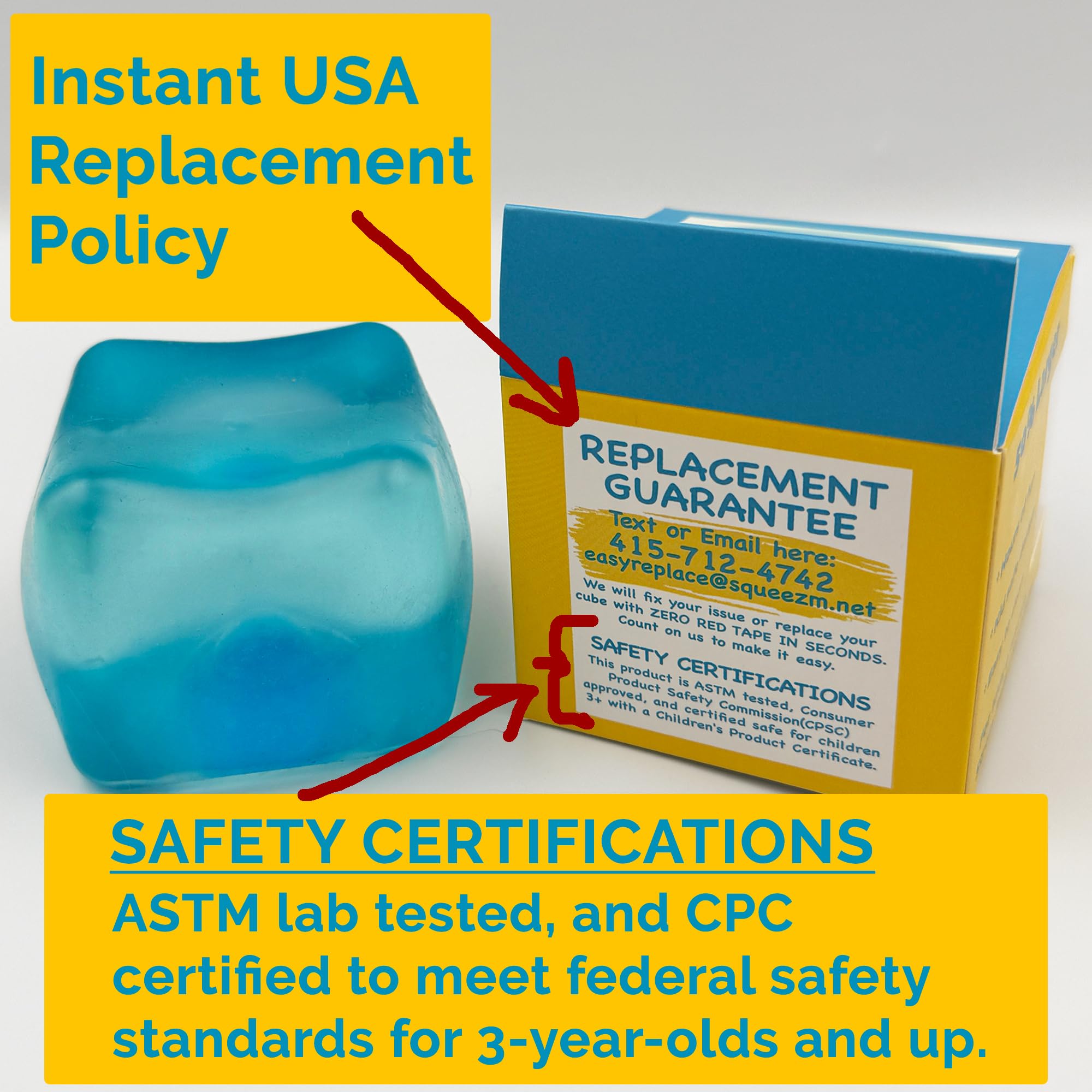 Squeez'M product label with ASTM F963 marking showing safety certification benefit