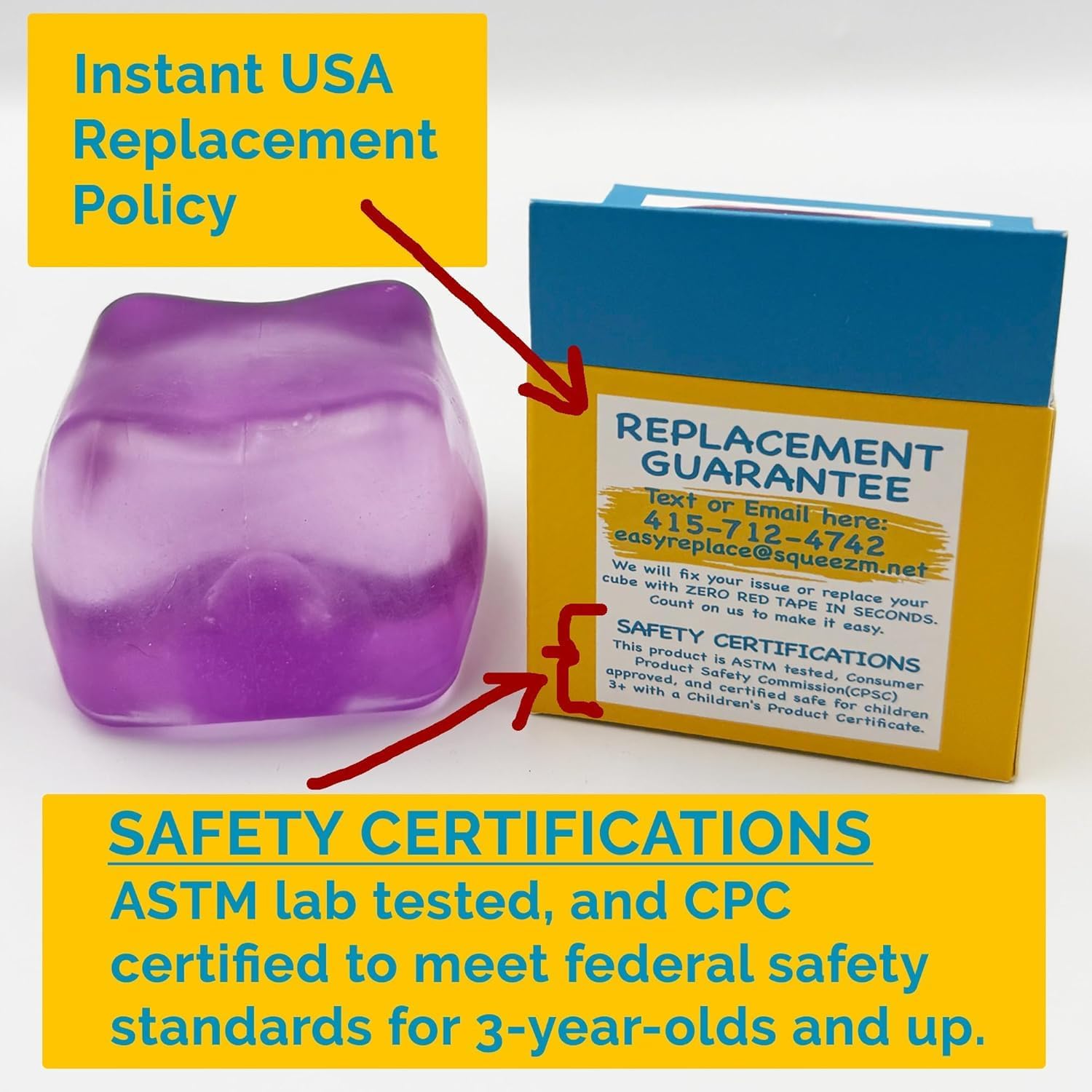 Squeez'M product label showing ASTM F963 certification and child-safe assurance benefit