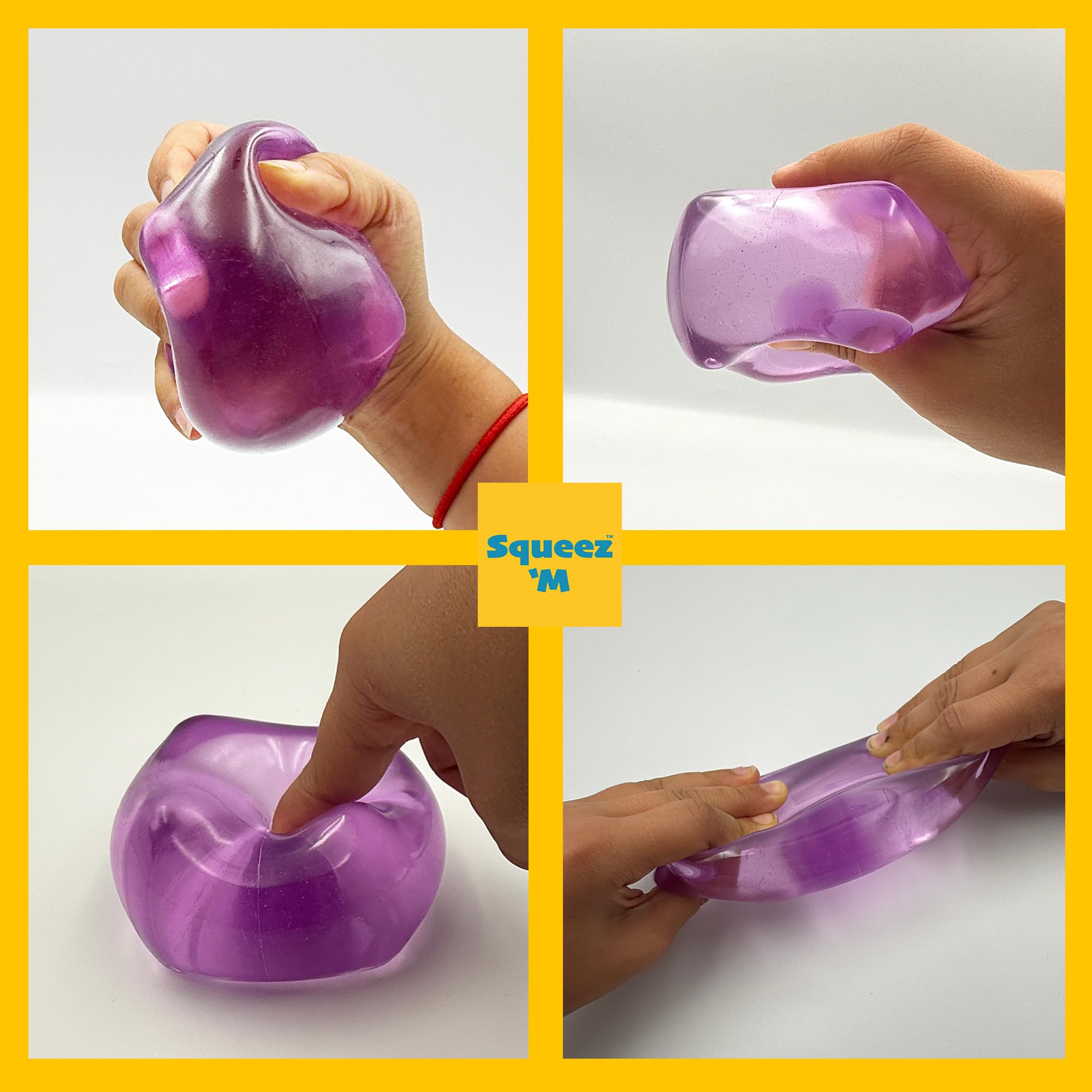 Squeez'M cube being squeezed by adult hand showing firm resistance and calming benefit