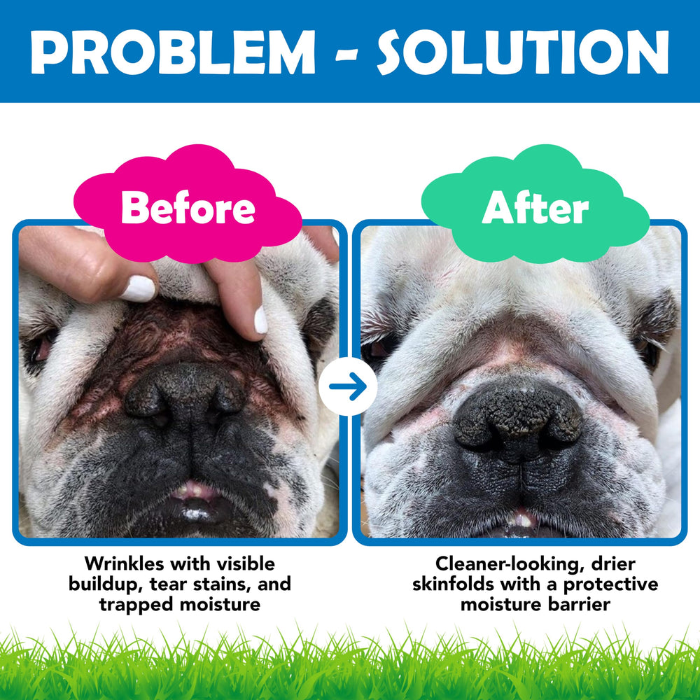 Squishface before and after eye area comparison showing reduced tear stains and cleaner fur