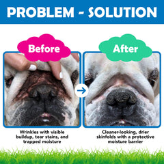 Squishface before and after eye area comparison showing reduced tear stains and cleaner fur