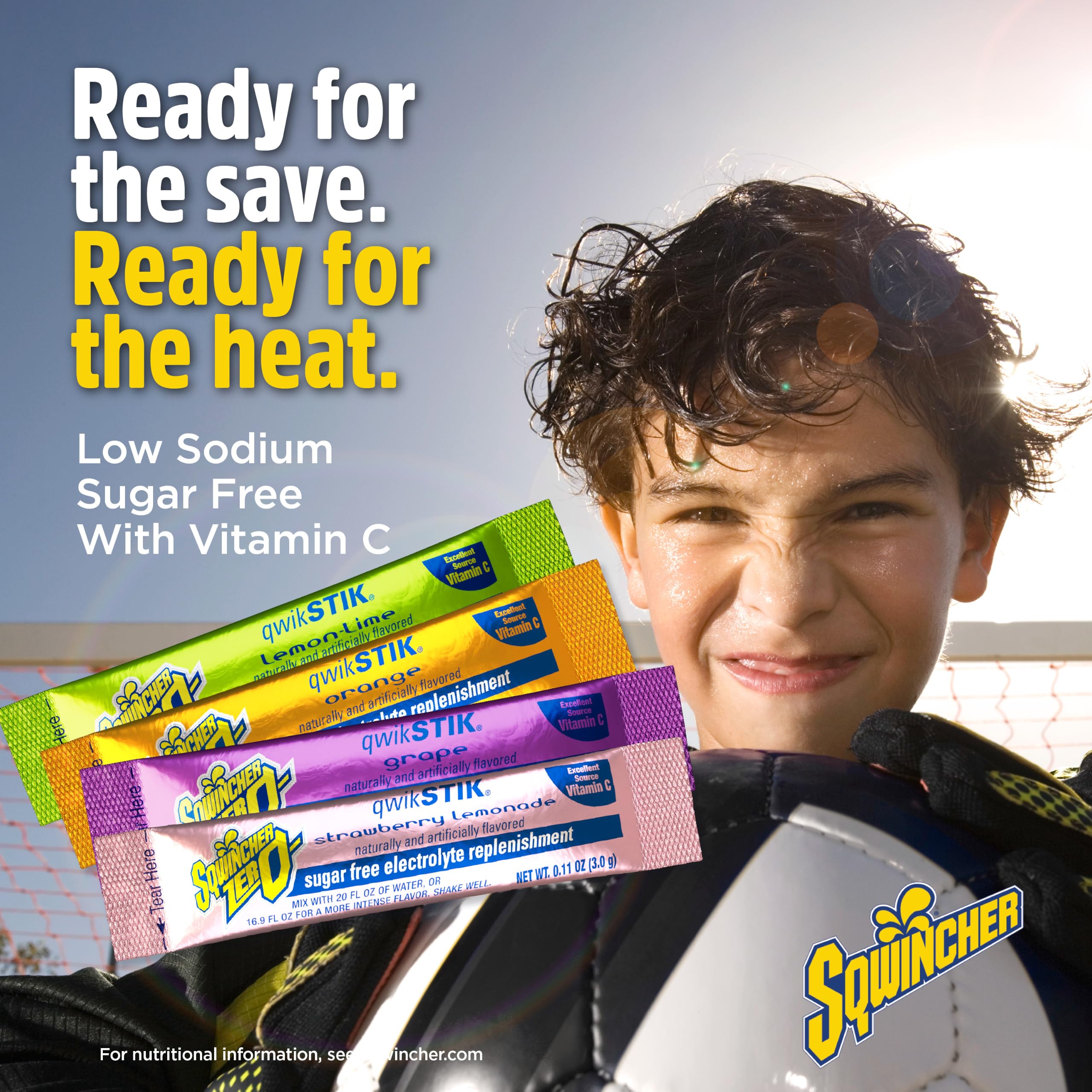 Sqwincher Qwik Stik packet nutrition facts and label closeup showcasing electrolyte and zero sugar information