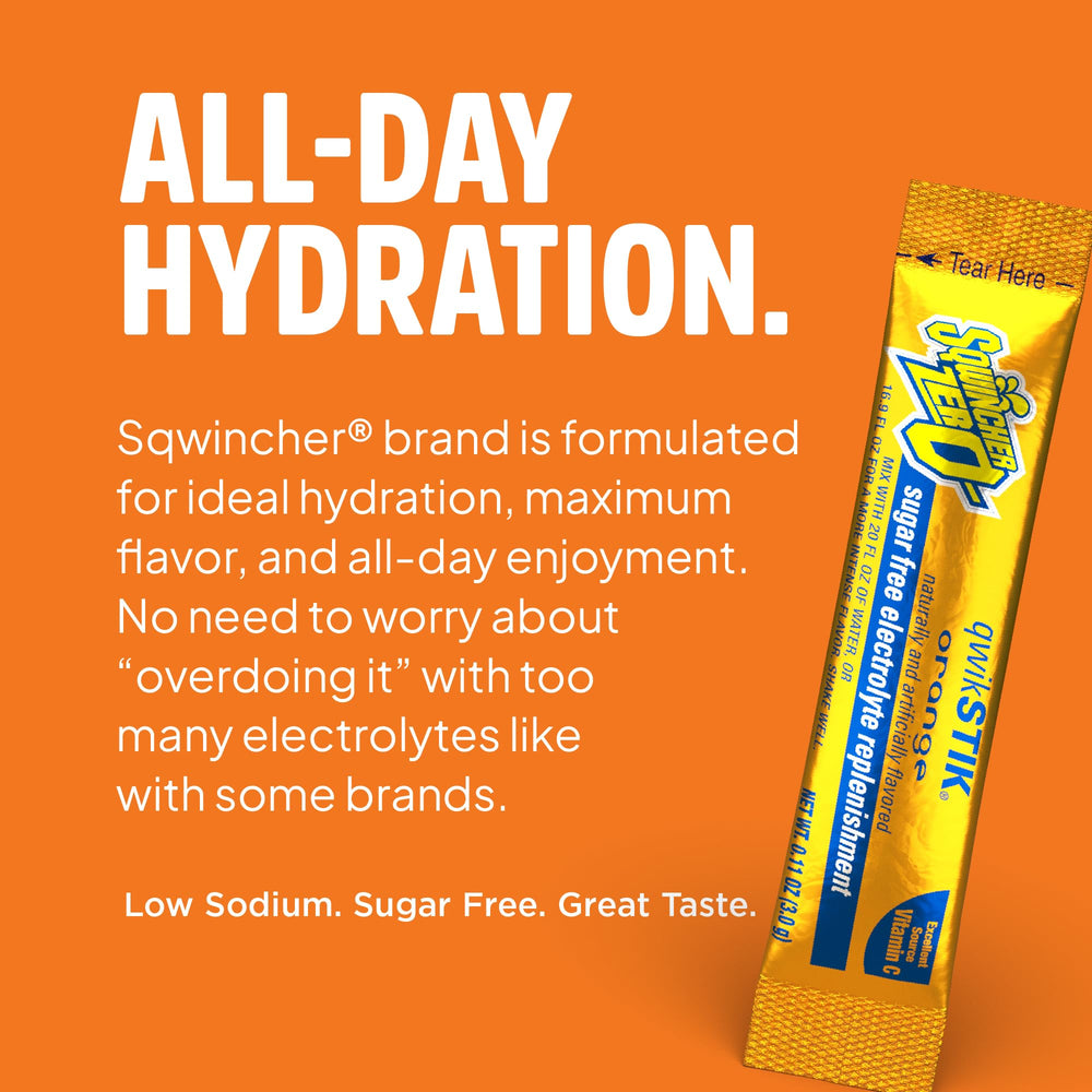 Sqwincher Qwik Stik mixed in a reusable bottle with vibrant orange drink indicating quick electrolyte replenishment