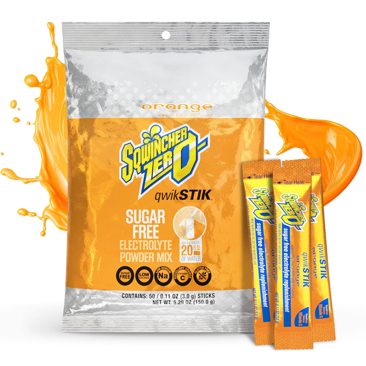 Sqwincher Qwik Stik orange front view showing multiple single-serve packets and branding for easy grab-and-go hydration