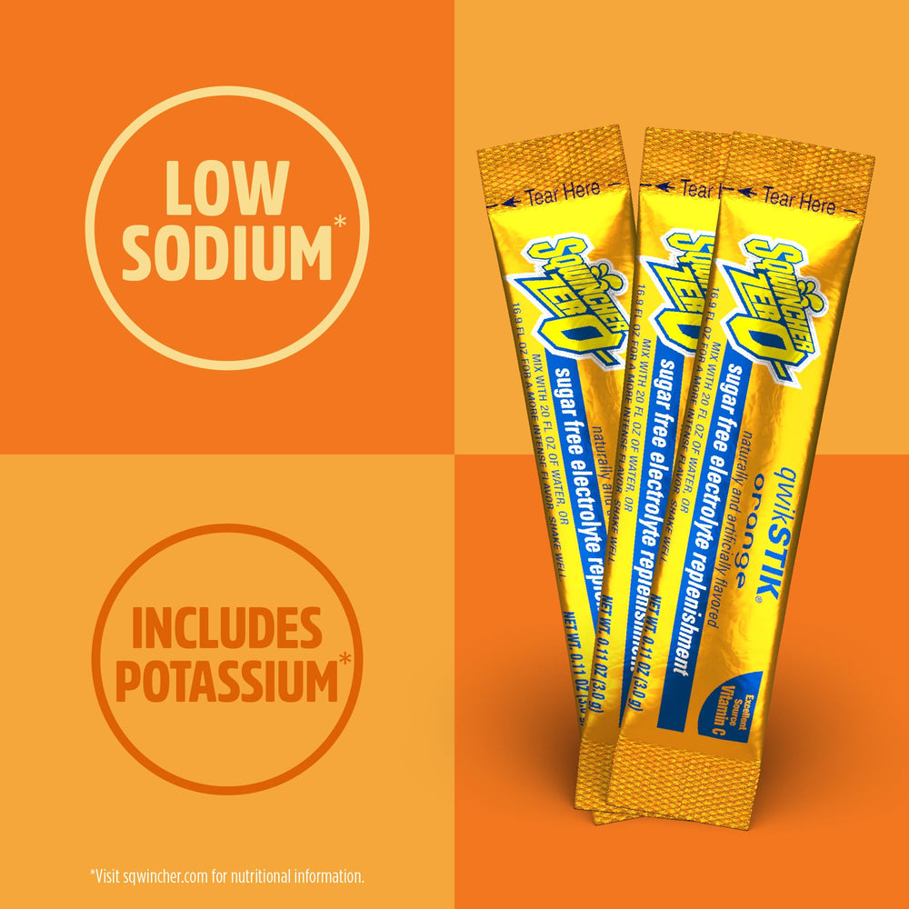 Sqwincher Qwik Stik packet beside a kitchen scale highlighting precise .11 oz single-serve portioning benefit