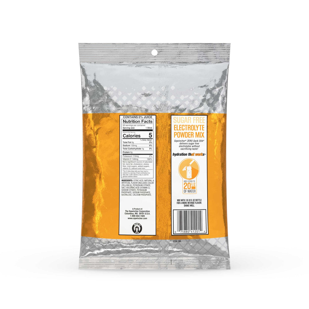 Sqwincher Qwik Stik packet torn open revealing orange powder close-up for fast-dissolve performance