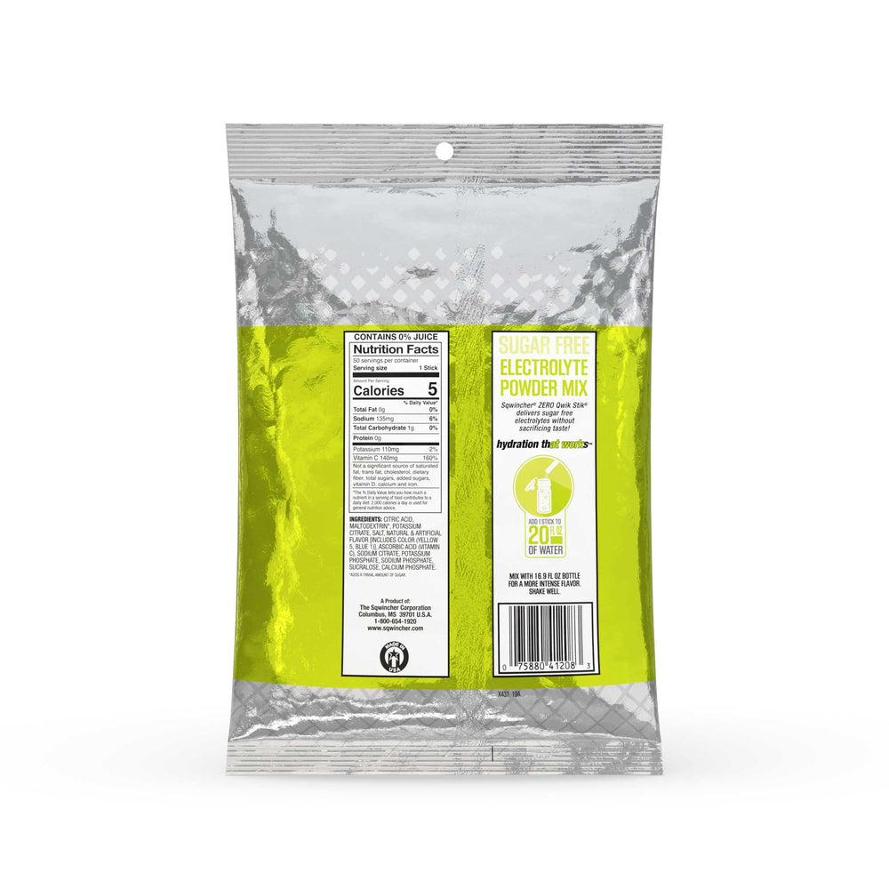 Close-up of a single Sqwincher Qwik Stik lemon-lime stick highlighting portion control benefit