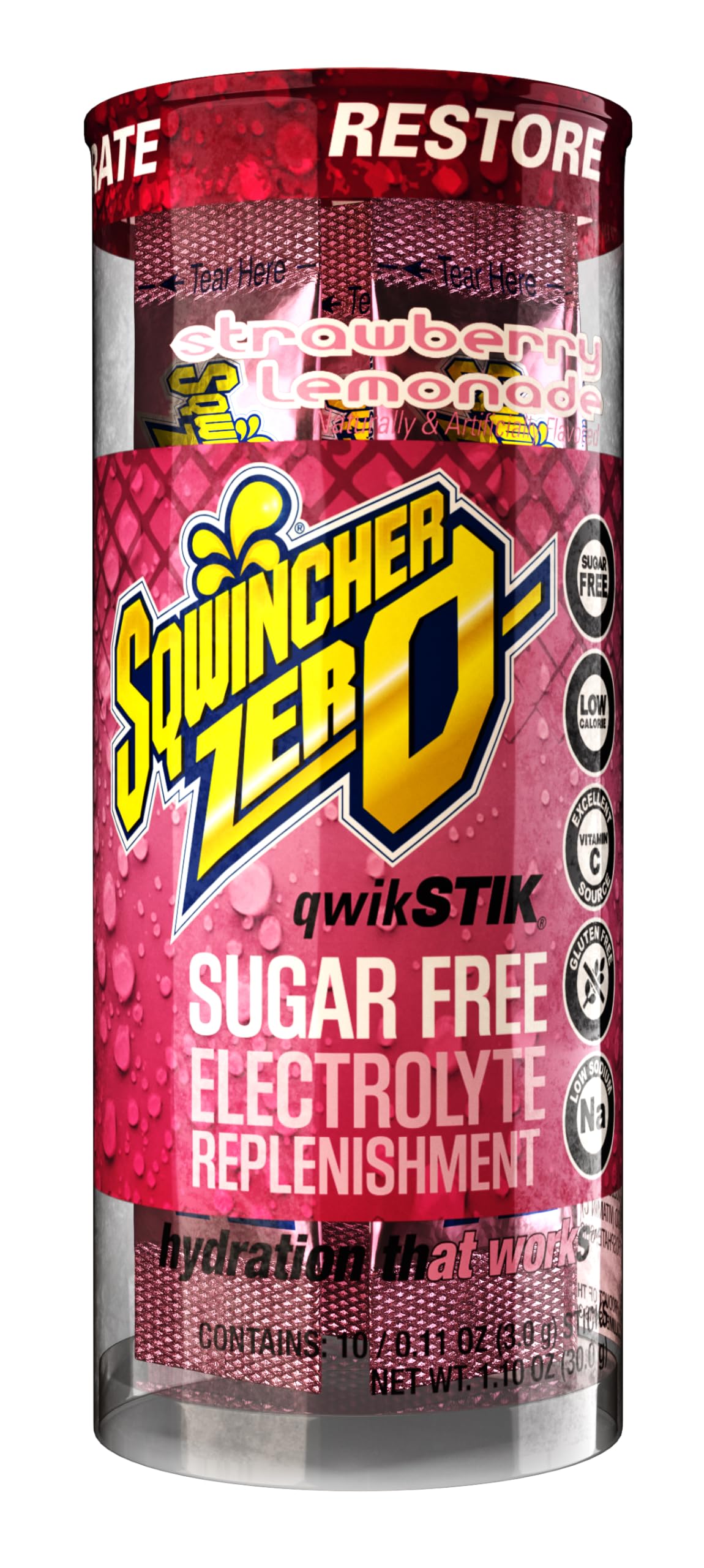 Sqwincher front packet showing strawberry lemonade flavor and single-serve convenience