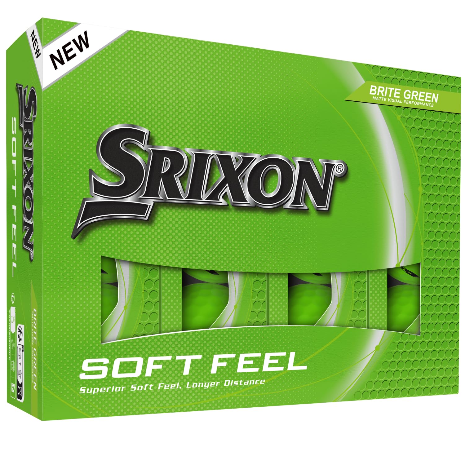 Srixon soft feel front packaging showing brite green balls and easy identification