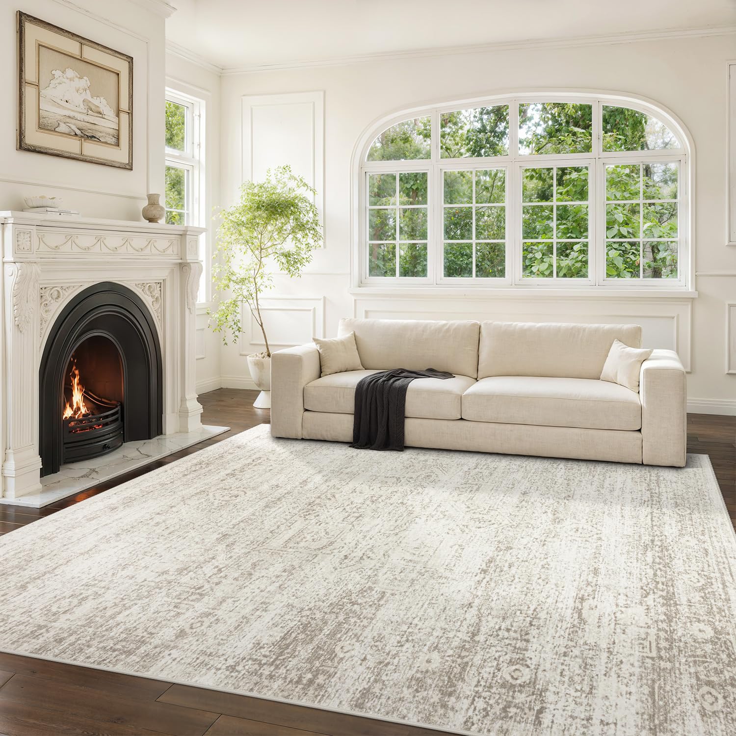 Srugn front view of 8x10 rug showing vintage beige design and cozy appeal