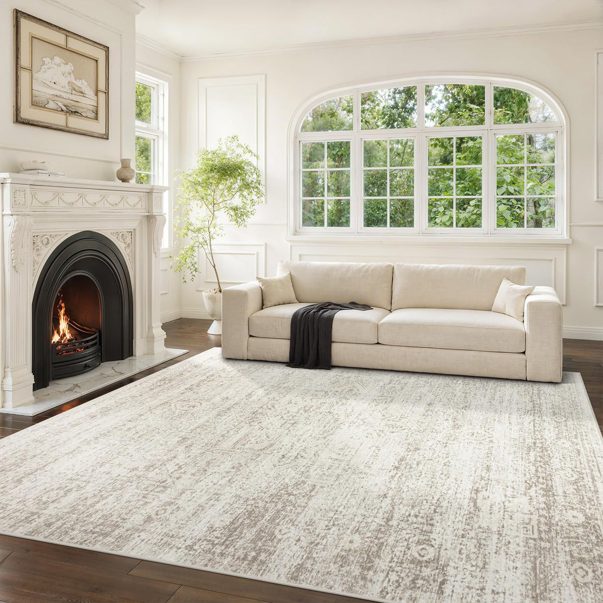 Srugn front view of 8x10 rug showing vintage beige design and cozy appeal