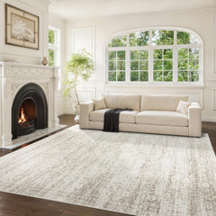 Srugn front view of 8x10 rug showing vintage beige design and cozy appeal