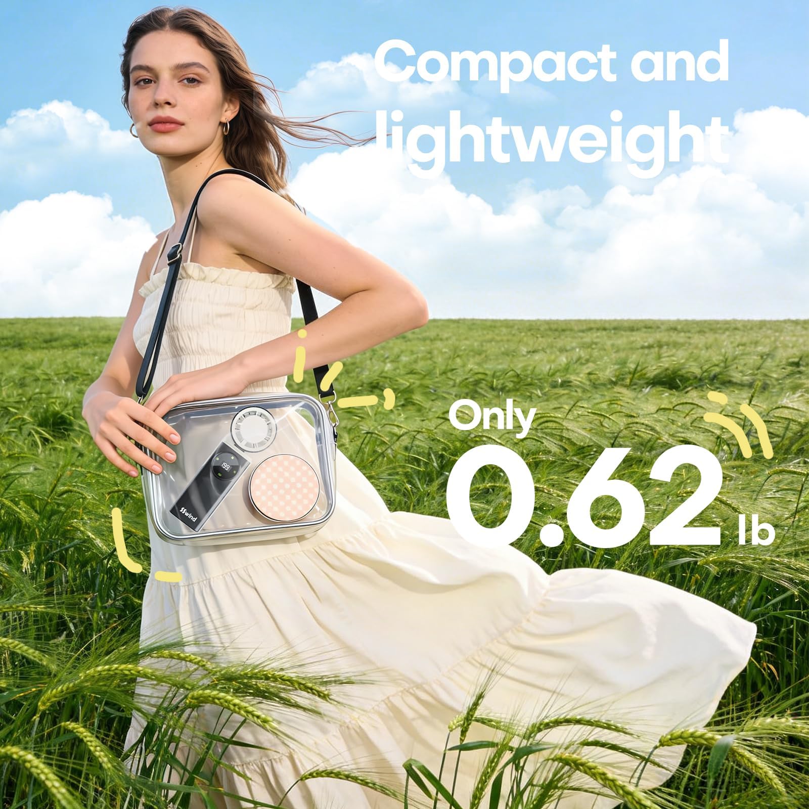 SSWind next to a credit card showing compact size and lightweight 0.62lb benefit