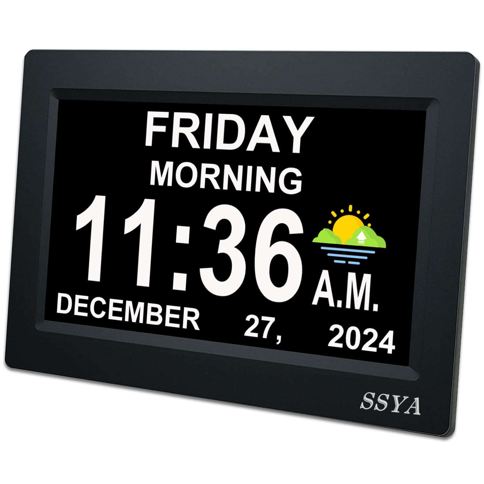 SSYA front display clock showing full day and month for immediate readability